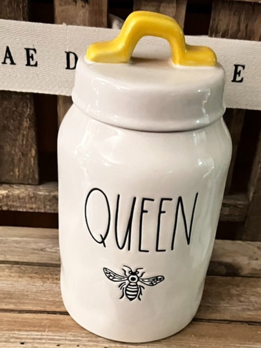 Rae Dunn QUEEN Bee Canister with Yellow Crown Lid